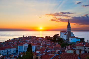 Romantic sunset over Piran Slovenia