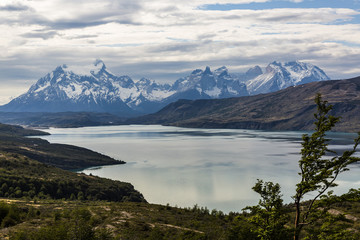 Naklejka na ściany i meble Panorama picture of Torres del Paine massif at the Torres del Paine National Park
