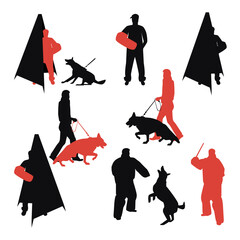 Set of dog sport silhouettes. Dog on leash during training. Dog trainer with bite sleeve. Jumping dog. Trainer behind the mini blind.