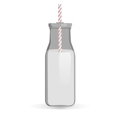 Traditional milk bottle vector illustration. Milk bottle with straw isolated on white background. Glass milk bottle with stripped straw.