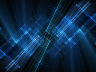 Abstract background element. Fractal graphics 3d illustration. Symmetric composition of repeating grids. Information technology concept. Blue and black colors.