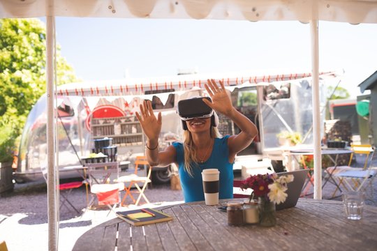 Woman using virtual reality headset 