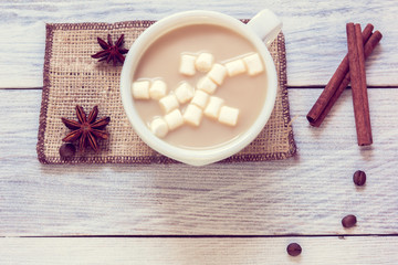 mug with cappuccino and marshmallow on sackcloth with anise and cinnamon