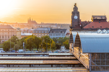 Prague Main Train Station, Hlavni nadrazi, with historical buildings and Prague Castle on the...