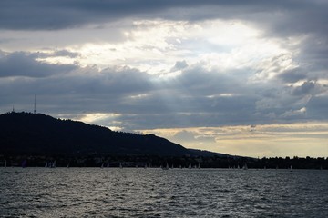 Fototapeta premium Zürisee in Zollkon Dorf im Kanton Zürich in der Schweiz im Sommer