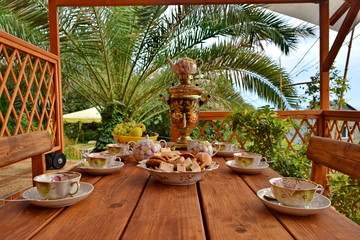 A table in the garden covered for tea