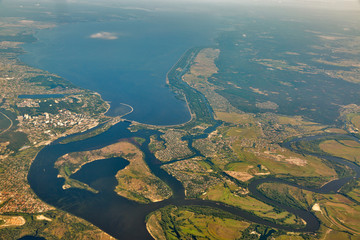 Aerial view of the Dnieper river and island.