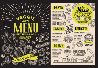 Vegetarian menu for restaurant. Vector food flyer for bar and cafe. Design template with food hand-drawn graphic illustrations. © marchiez