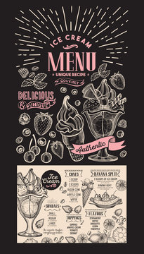 Ice cream restaurant menu. Vector dessert food flyer for bar and cafe. Design template on chalkboard background with vintage hand-drawn illustrations.