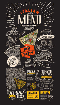 Pizza restaurant menu. Food flyer for bar and cafe on blackboard background. Design template with vintage hand-drawn illustrations.