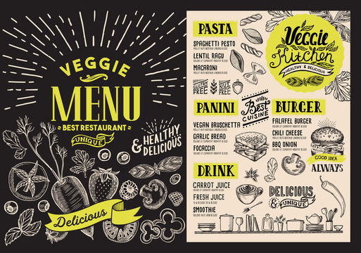 Vegetarian menu for restaurant. Vector food flyer for bar and cafe. Design template with food hand-drawn graphic illustrations.