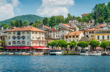 Fototapeta na wymiar Panoramic sight in Orta San Giulio, beautiful village on Lake Orta, Piedmont (Piemonte), Italy.