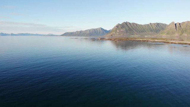 Mountainous coast of Gimsoya island, Gimsoysand in summer. Nordland county, Lofoten archipelago Norway. Tourist attraction.
