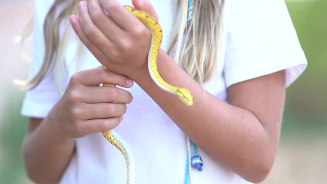 Blonde blue eyes girl has a snake in her hands.