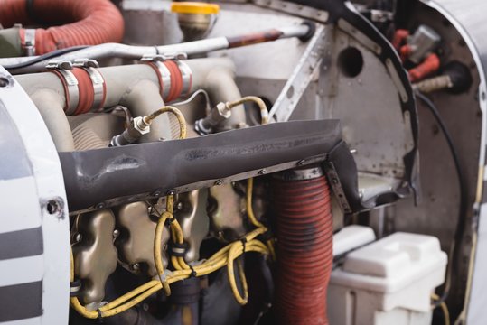 Aircraft engine in aerospace near hangar