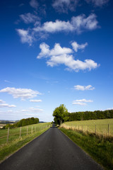 Single lane country road through countryside and farmland
