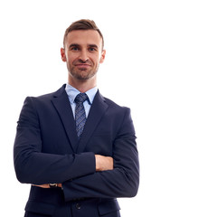 business, people and office concept - happy smiling businessman in suit