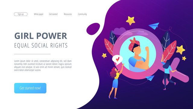 A woman image in female gender sign showing biceps as a concept of feminism, girl power, movement, female equality, equal social and civil rights. Violet palette. Website landing web page template.
