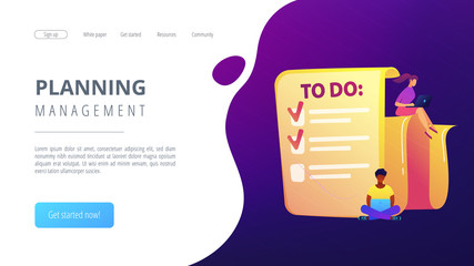 People feel in check boxes in to do list. Project task management it concept. Software development process and project management activities. Violet palette. Website landing web page template.