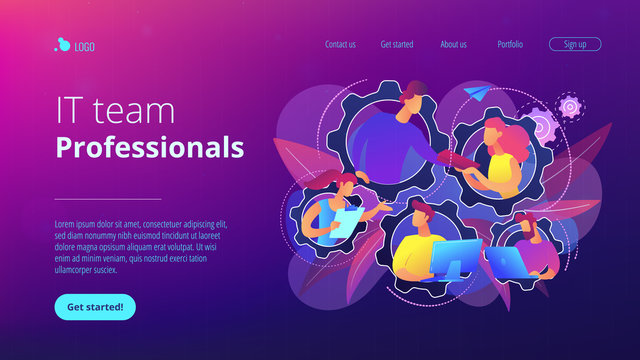 IT team members working as one mechanizm. Dedicated team - software development professionals engaged to the IT project. Business model in IT concept. Violet palette. Website landing web page template