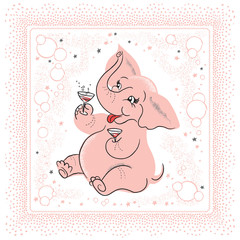 Fun retro cocktail party design of a tipsy pink elephant holding drinks. Vintage style border. 
