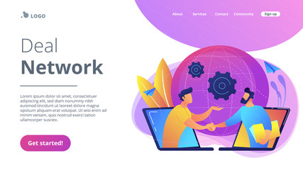 Businessmen shaking hands through laptop screens as online business, conference, meeting, network, deal, negotiations, agreement concept, violet palette. Website landing web page template.