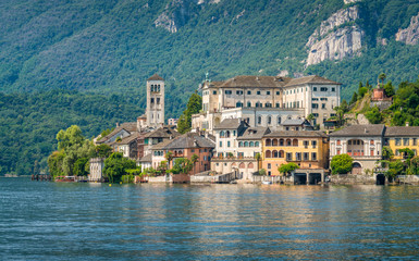 Scenic sight of San Giulio Island in the Lake Orta, Piedmont, Italy.