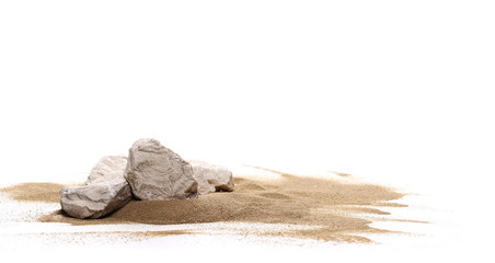 Sea stones in sand pile isolated on white background and texture