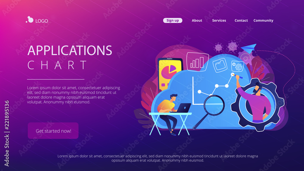 Poster developers drawing chart, monitoring applications. computing resourses, operaing data and services, 