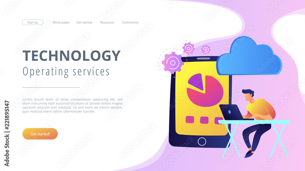 Poster developers drawing chart, monitoring applications. computing resourses, operaing data and services, 