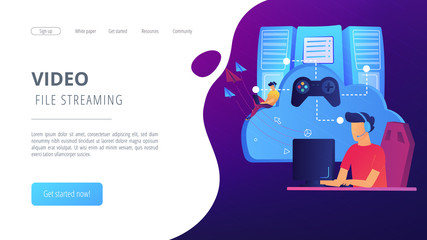 Two gamers playing computer connected with joystick. Gaming on demand, video and file streaming, cloud technology, various devices gaming concept, violet palette. Website landing web page template. © Visual Generation