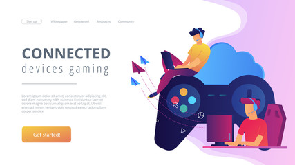Two gamers playing computer connected with joystick. Gaming on demand, video and file streaming, cloud technology, various devices gaming concept, violet palette. Website landing web page template. © Visual Generation