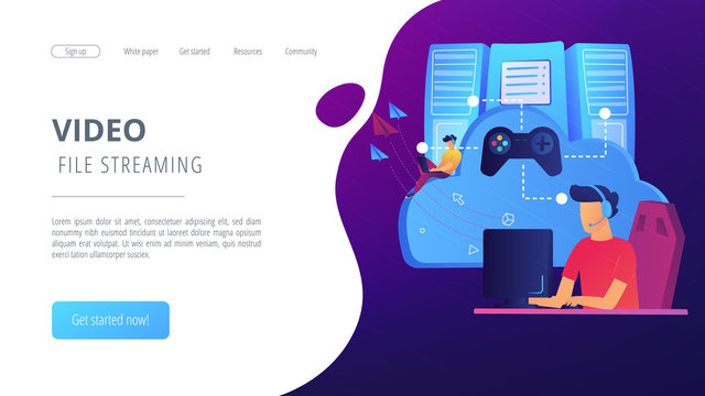 Two gamers playing computer connected with joystick. Gaming on demand, video and file streaming, cloud technology, various devices gaming concept, violet palette. Website landing web page template.