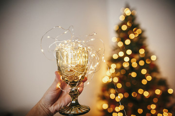 cheers for Christmas. stylish vintage glass with garland lights in hand on background of golden beautiful christmas tree with lights in festive room. cozy winter holidays.  warm atmospheric moment