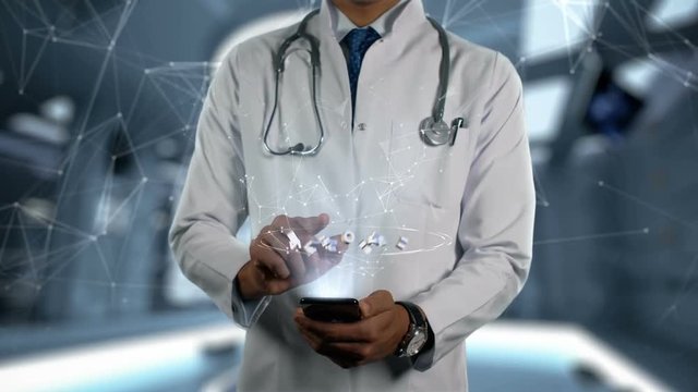 AZITHROMYCIN - Male Doctor With Mobile Phone Opens and Touches Hologram Word Active Ingrident of Medicine