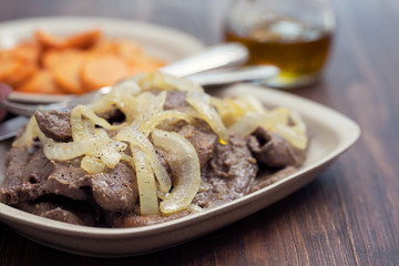 fried liver with onion on white dish