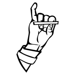 Isolated vector illustration. Human hand holding a cigarette. Hand drawn linear sketch. Black silhouette on white background.