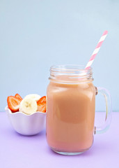 Strawberry and Banana Smoothie in a Glass Jar
