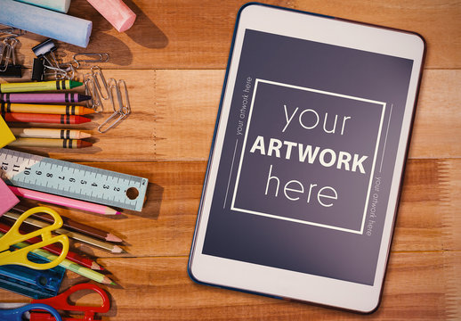 Tablet with Art Accessories Mockup