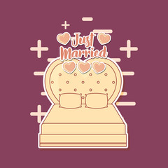 wedding card with just married bed