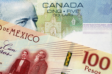 A close up image of a 5 Canadian dollar bill with a 100 Mexican Peso Bank note