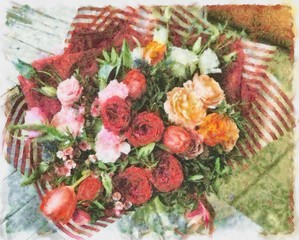 Acrylic painting on canvas art poster in floral motif. Modern style fashion artwork. Digital big size print in high resolution. Surreal flower in bright design. Beautiful flower bouquet. Wedding decor