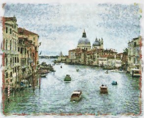 Fototapeta premium Oil painting. Art print for wall decor. Acrylic artwork. Big size poster. Watercolor drawing. Modern style fine art. Beautiful autumn city landscape. Multicolor view. Historical Europe buildings.