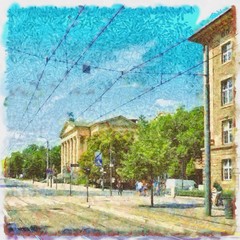 Fototapeta premium Oil painting. Art print for wall decor. Acrylic artwork. Big size poster. Watercolor drawing. Modern style fine art. Beautiful autumn city landscape. Multicolor view. Historical Europe buildings.