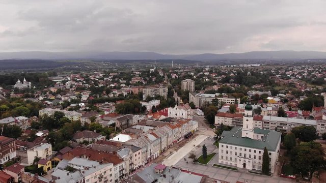 Aerial view of downtown of Drohobych city, Ukraine. Town hall and central square
