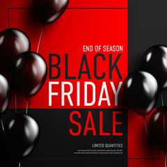 Black friday sale banner with glossy balloon on red background.