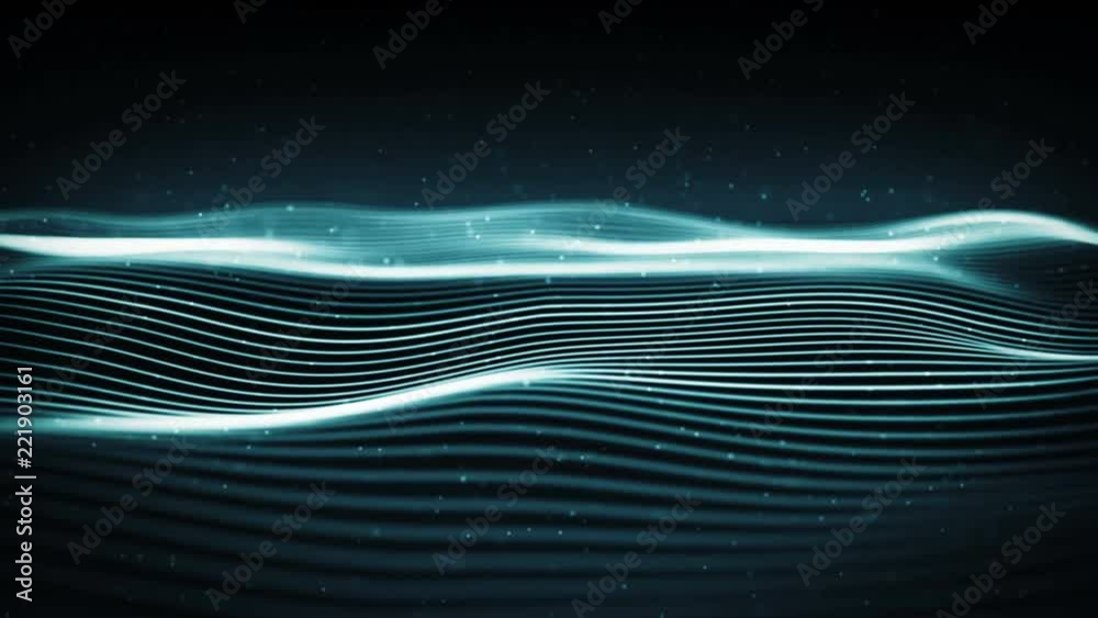 Poster abstract digital wave with particles in a cyber space. futuristic wavy surface. seamless loop.