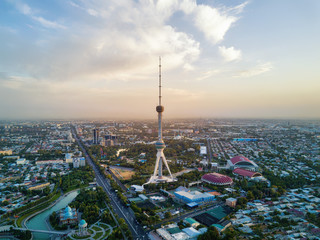 Tashkent TV Tower Aerial Shot During Sunset in Uzbekistan - obrazy, fototapety, plakaty