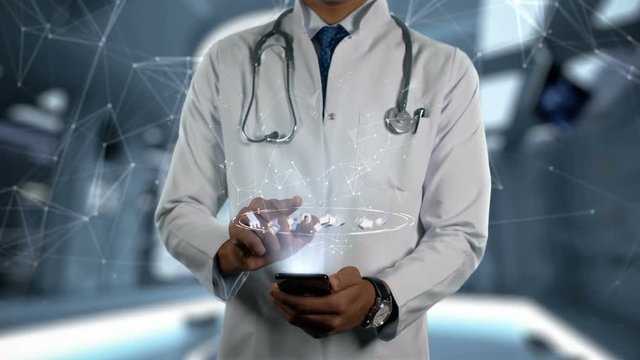 Head lice and nits - Male Doctor With Mobile Phone Opens and Touches Hologram Illness Word