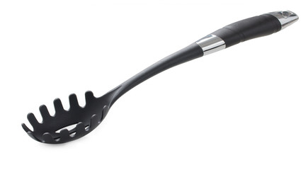 Black plastic spoon for draining of spaghetti isolated on white background
